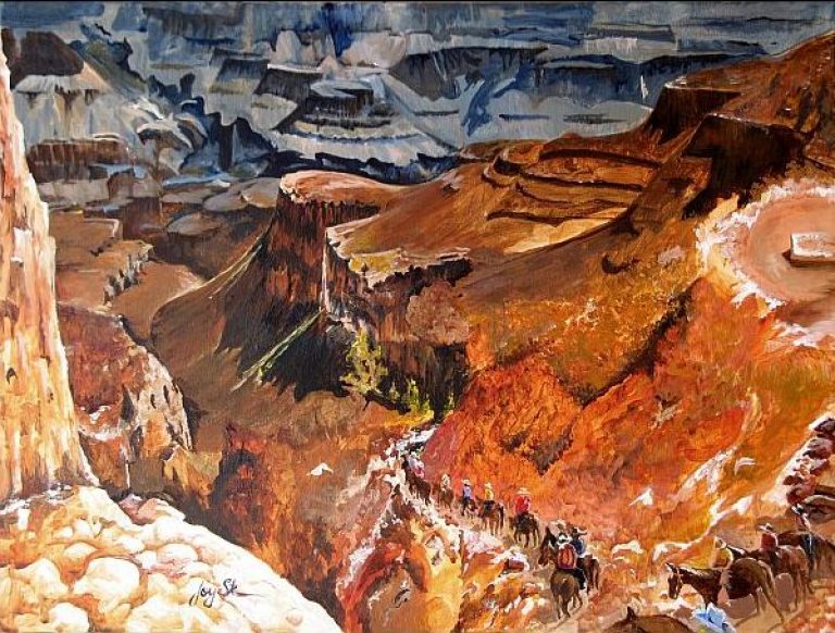 Mule Train at the Grand Canyon - Oil painting by Joy Skinner