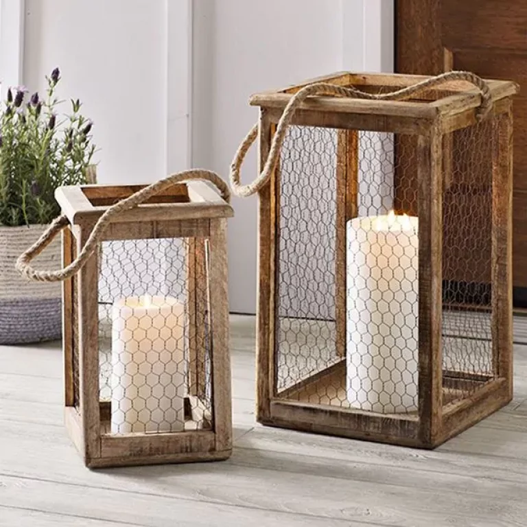 Country Farm Chicken Wire Candle Lanterns - Set of 2