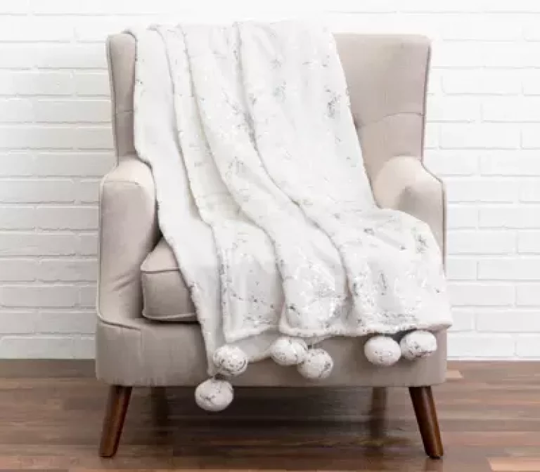 Faux Fur Throw - Silver Metallic Printing And Pom Pom Trim