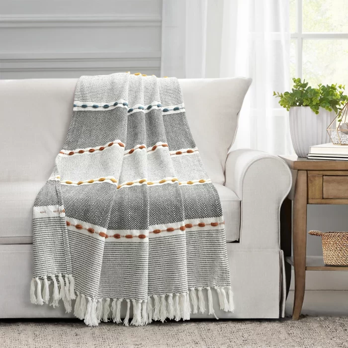 Herringbone Stripe Cotton Woven Tassel Throw