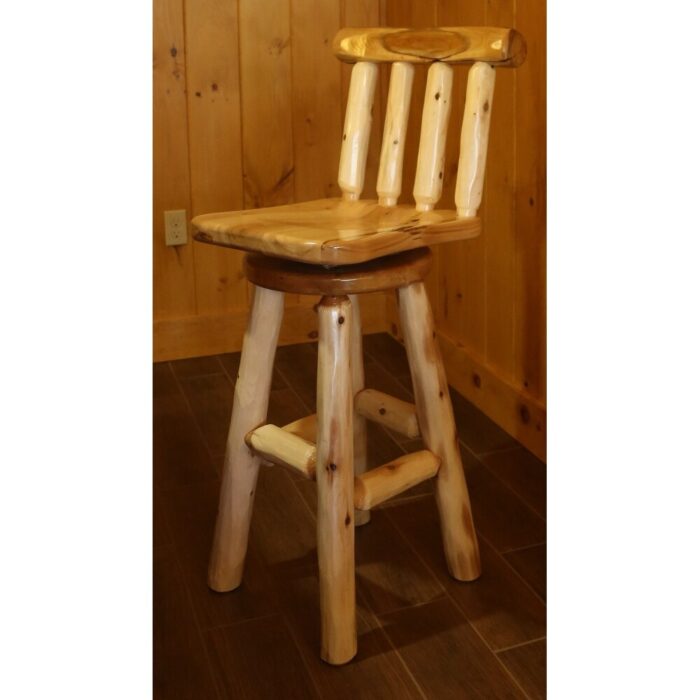 White Cedar Log Swivel Bar Stool with Spindle Back