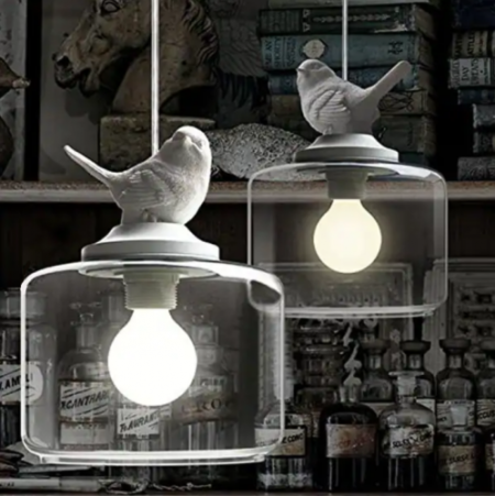 Pendant lamp - Clear hand blown glass pendant, White resin bird, Light fixture