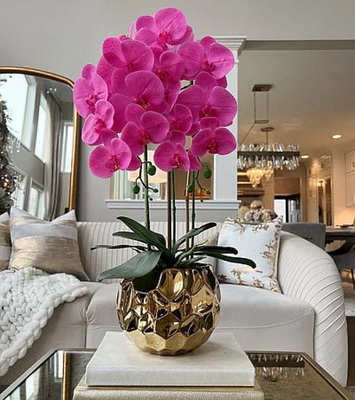 Pink Potted Faux Orchid in Gold Beveled Pot