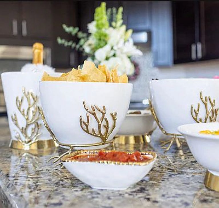 White Ceramic Bowl with Gold Textured Details