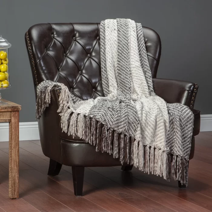 Chenille Striped Knit Textured Throw Blanket With Tassels