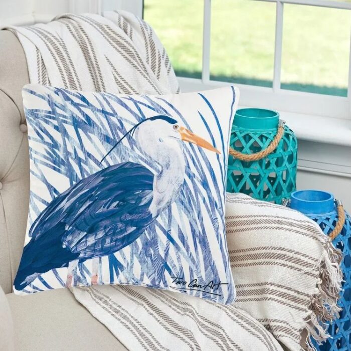 Blue Heron Coastal Throw Pillow