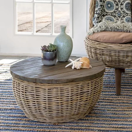 Wood Top Round Rattan Coffee Table