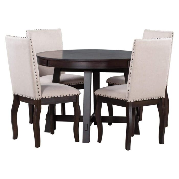 5-Piece Espresso Farmhouse Dining Table Set Wood Round Extendable Dining Table and 4 Upholstered Dining Chairs, Brown