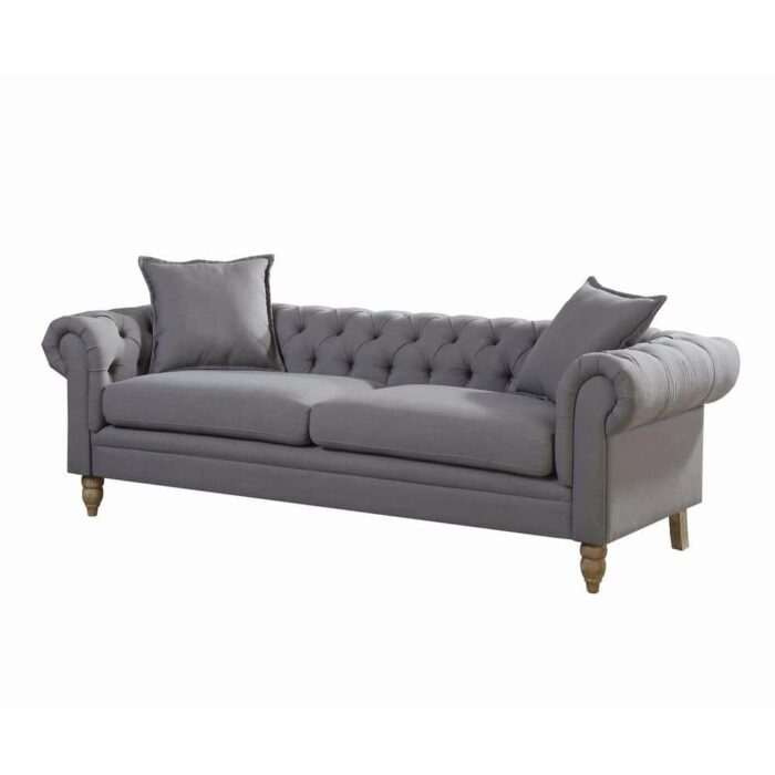 AC Pacific Juliet 85 in. Grey Linen 3-Seater Chesterfield Sofa with Round Arms