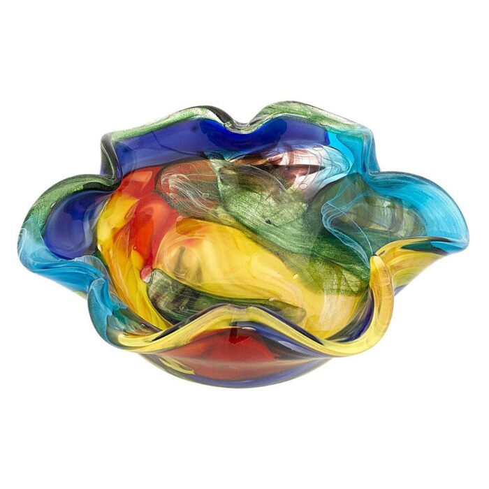 Badash Crystal 8.5 in. Stormy Rainbow Murano Style Art Glass Floppy Centerpiece Bowl, multi-color