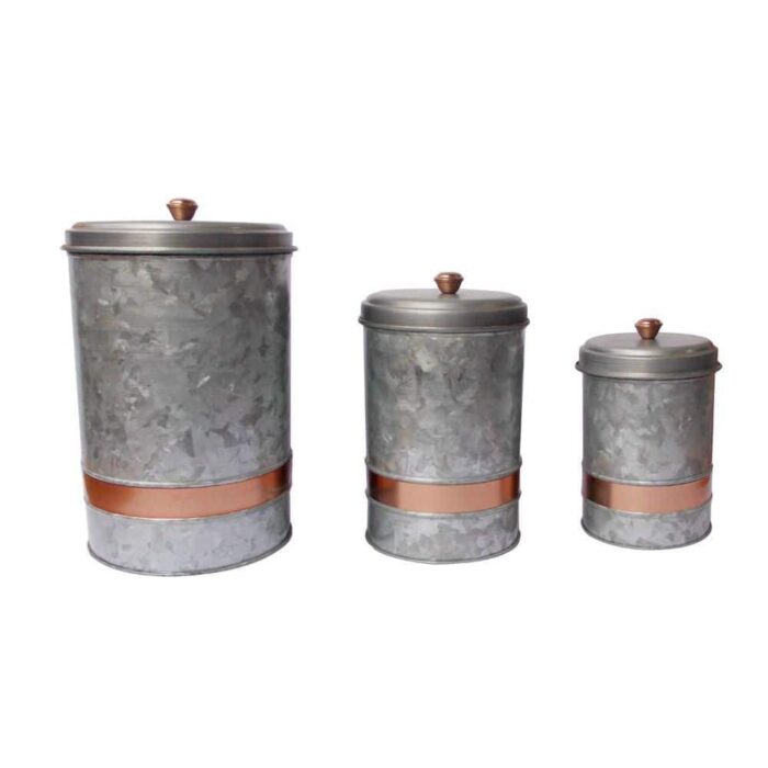 Benzara 3- Piece Galvanized Metal Lidded Gray Canister with Copper Band, Gray and Copper