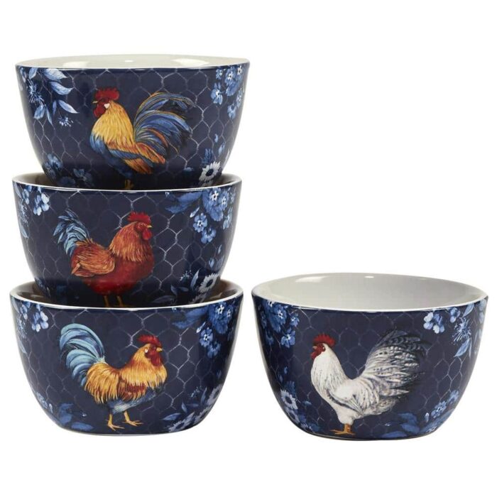 Certified International 24 oz. 5.25 in. Multicolor Indigo Rooster Ice Cream Bowl (Set of 4), Multicolored