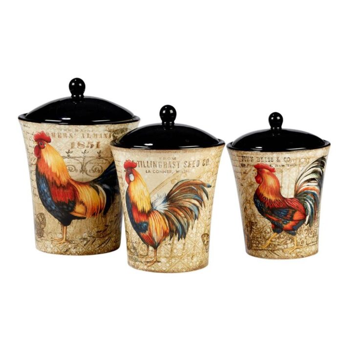 Certified International Gilded Rooster 3-Piece Traditional Multi-Colored Ceramic 48, 58, 86 oz. Canister Set