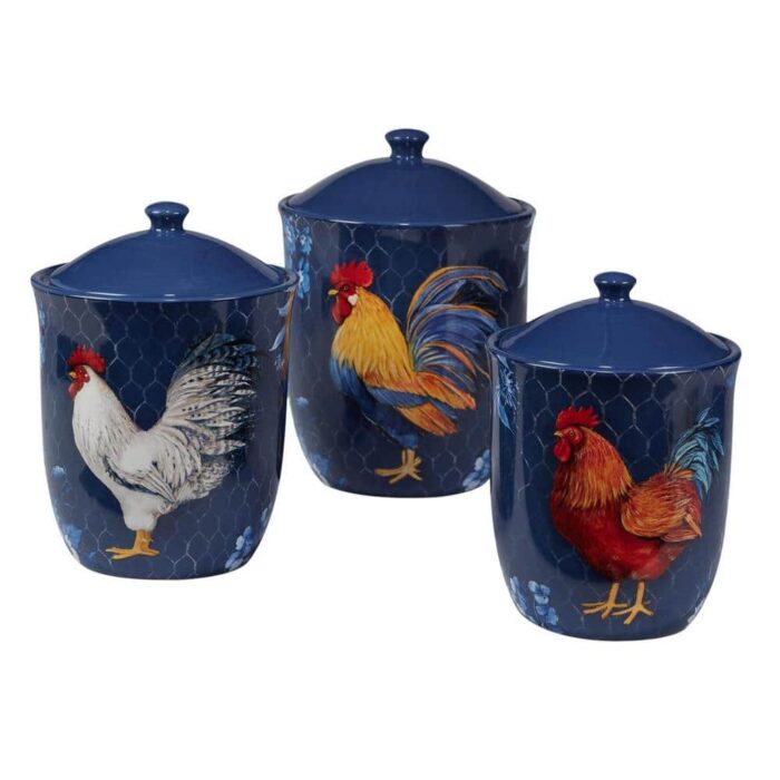 Certified International Indigo Rooster 3-Piece Canister Set, Multicolor