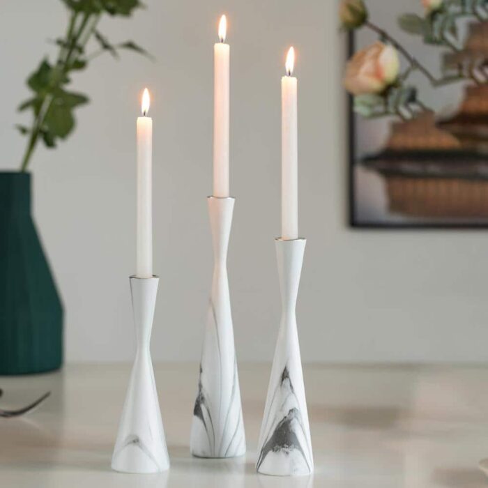 FABULAXE White Decorative Resin Taper Candle Holders, Marble Design Modern Candlesticks (Set of 3), Set of 3 White
