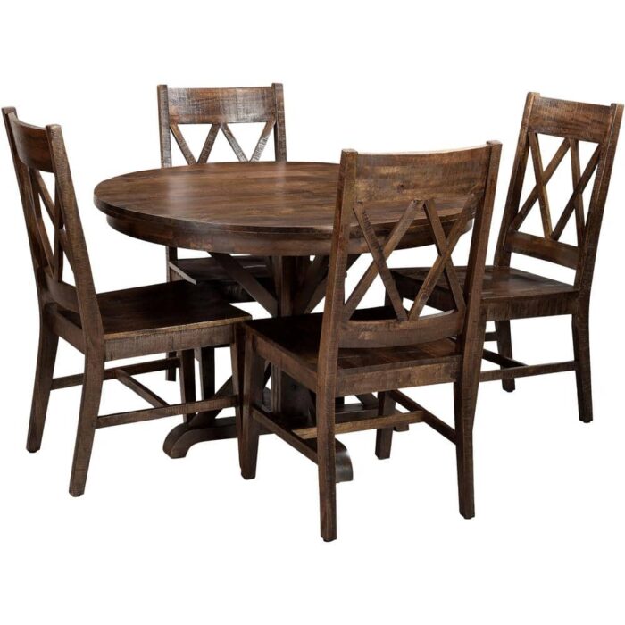 Hanover Annecy 5-Piece Natural Mango Wood Dining Set: 45 in. Round Table with Trestle Base and 4-Chairs