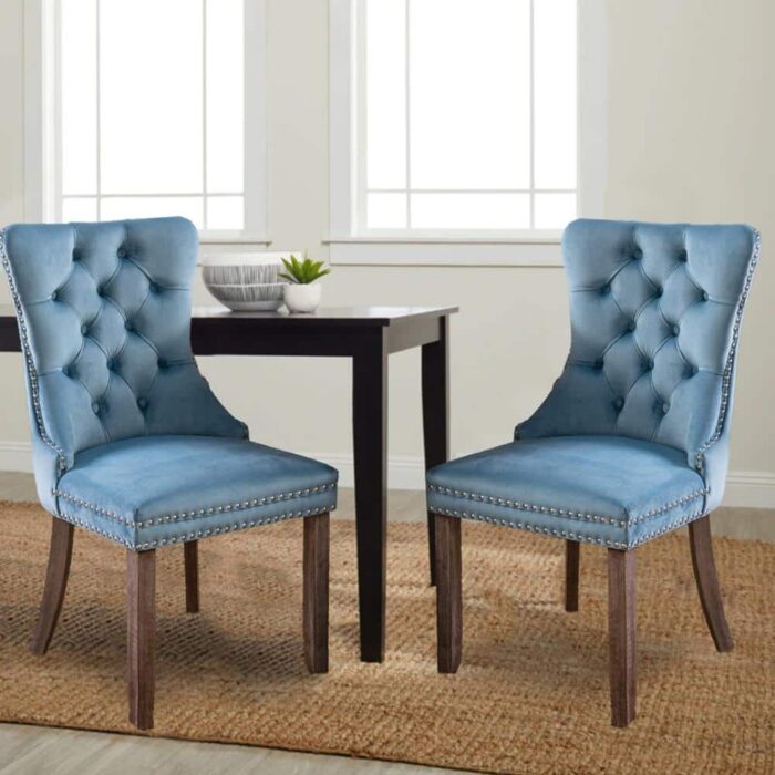 High-end Tufted Wood Contemporary Velvet Upholstered Dining Chair with Wood Legs 2 set in Light Blue Dining Chair