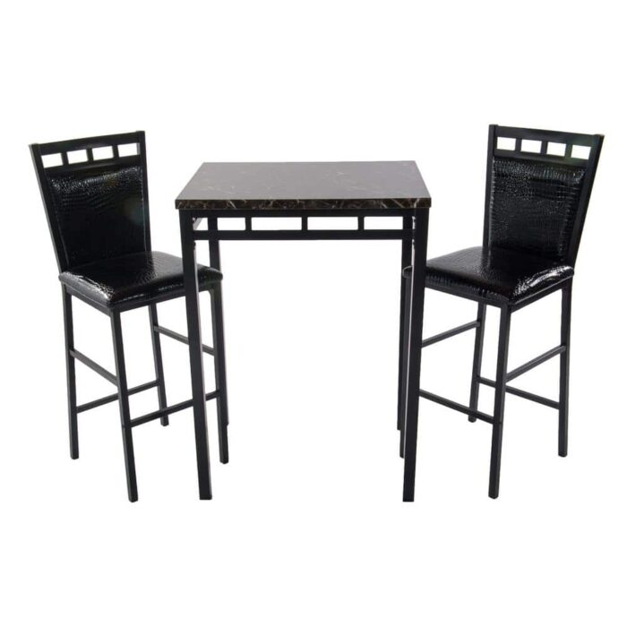 Home Source Industries Home Source Eric 3-piece Bistro Set with Counter Height Black Faux Marble Table and 2-Textured Faux Leather Side Chairs, Dark Brown