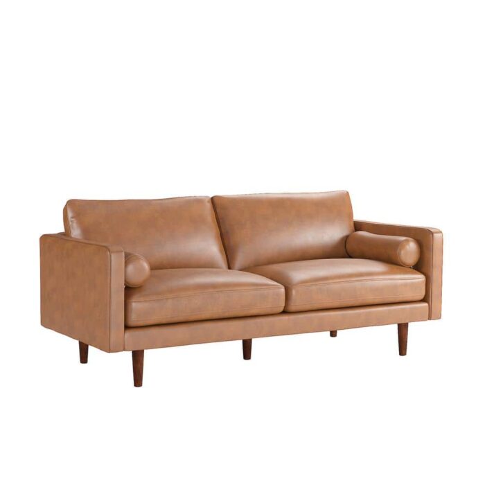 HomeSullivan 77.8 in. Square Arm Mid-Century Faux Leather Straight Sofa in Brown, Caramel