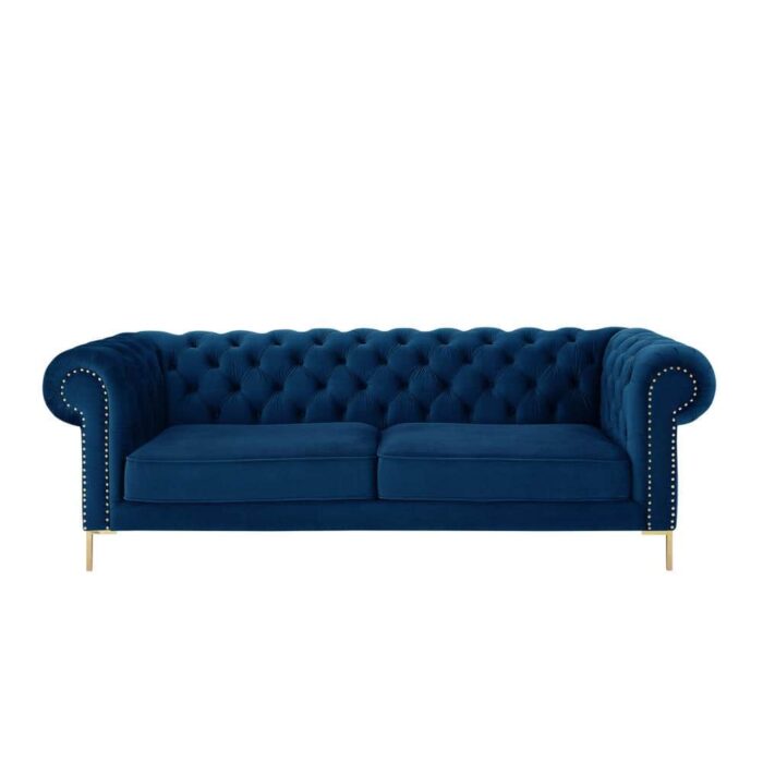 Inspired Home Journie Collection 38.5 in. Wide Flared Arms Velvet Upholstery Traditional Straight Shaped Button Tufted Sofa in Blue