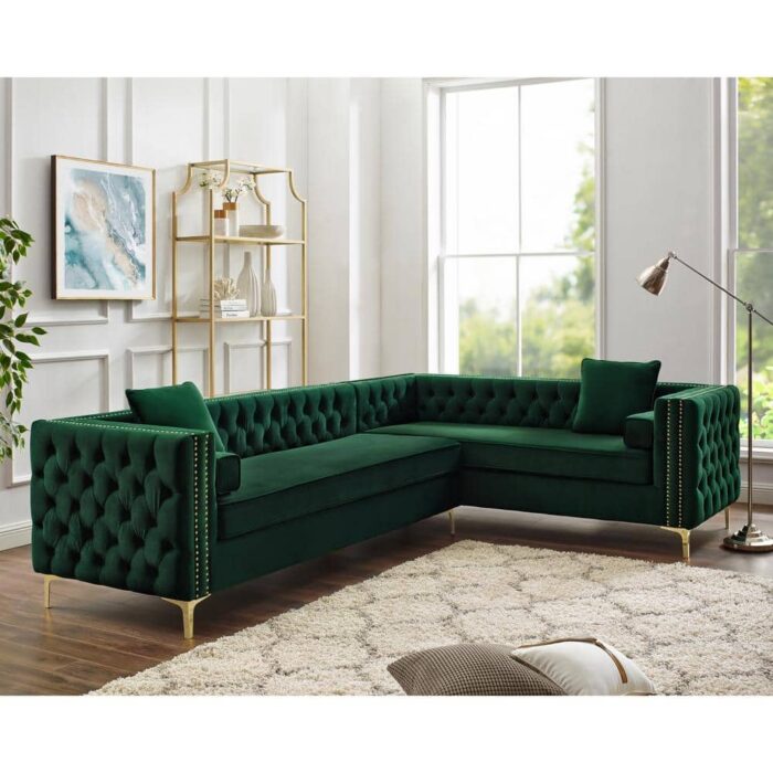 Inspired Home Olivia Hunter Green/Silver/Gold Velvet 4-Seater L-Shaped Right-Facing Sectional Sofa with Nailheads, Hunter Green/Silver/Gold Velvet Right