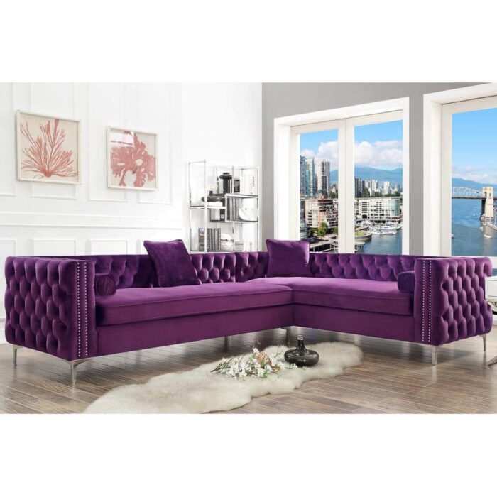 Inspired Home Olivia Purple/Silver Velvet 4-Seater L-Shaped Right-Facing Sectional Sofa with Nailheads, Purple/Silver Velvet Right