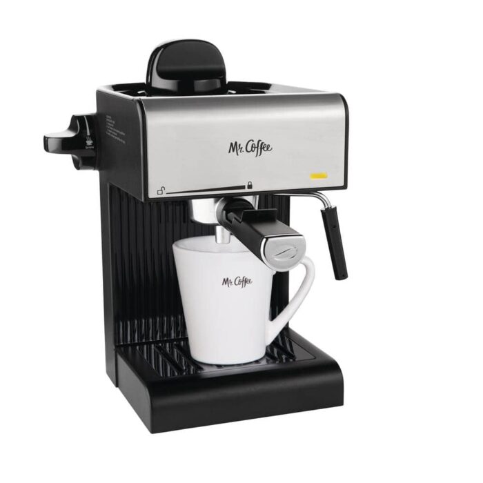 Mr. Coffee 2.5-Cup Black Drip Coffee Maker, Steam Espresso Machine, Cappuccino and Latte, Black/Stainless