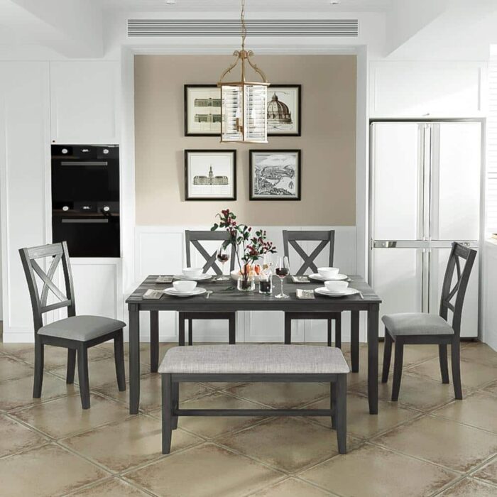 URTR 6-Piece Wood Top Gray Dining Table Set, Wooden Kitchen Table Set with Bench and 4-Dining Chairs with Cushion
