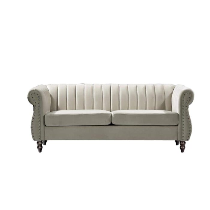 US Pride Furniture Louis 76.4 in. W Round Arm Velvet 3-Seats Straight Chesterfield Sofa with Nailheads in Beige, Ivory