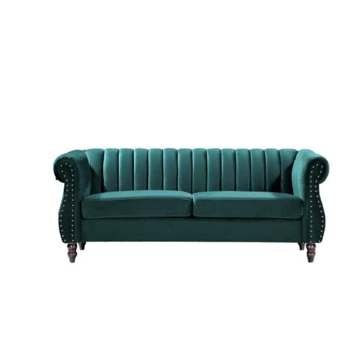US Pride Furniture Louis 76.4 in. W Round Arm Velvet 3-Seats Straight Chesterfield Sofa with Nailheads in Green