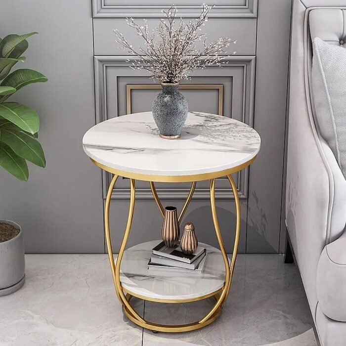 White Side Table with Storage Marble Top Metal Frame