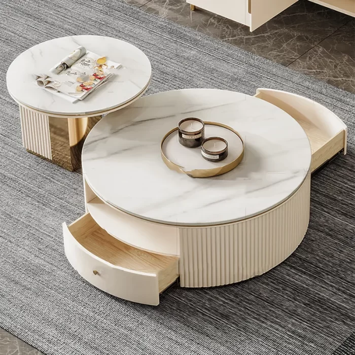 Mytures Modern Round Nesting Coffee Table with Storage White Sintered Stone Set of 2