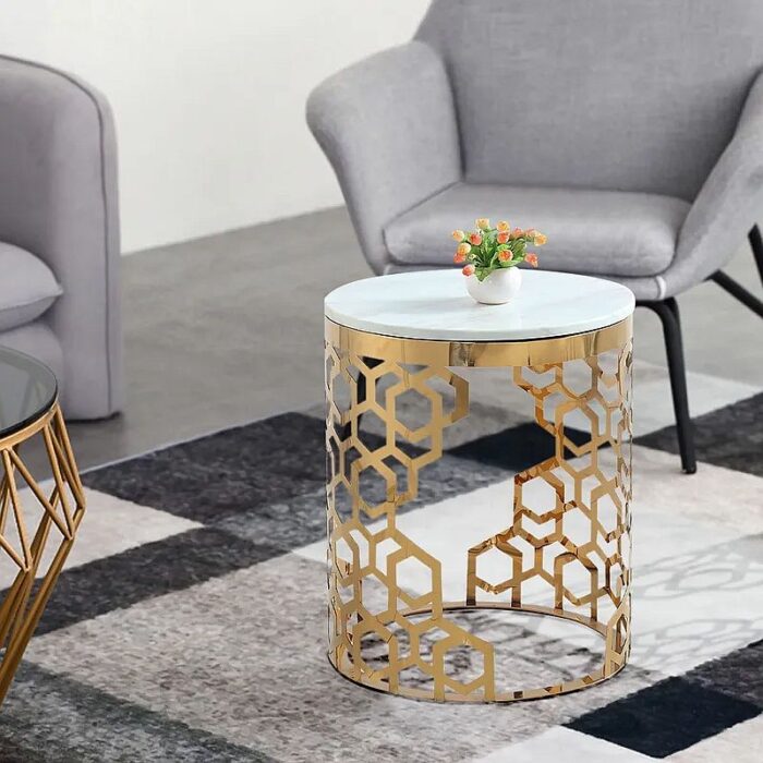 Currs Gold Glam Round End Table with Marble Top