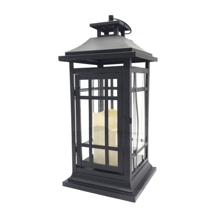 LUMABASE 14 in. Black/Window Battery Operated Metal Lantern with LED Candle
