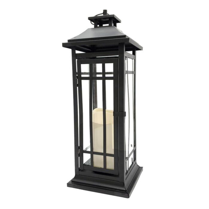 LUMABASE 17 in. Black Window Battery Operated Metal Lantern with LED Candle