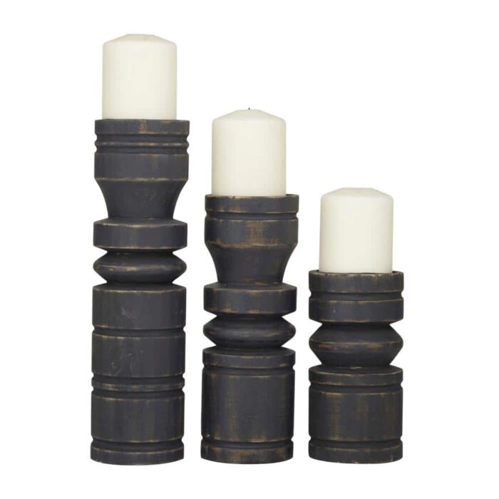 Litton Lane Black Wood Candle Holder (Set of 3)
