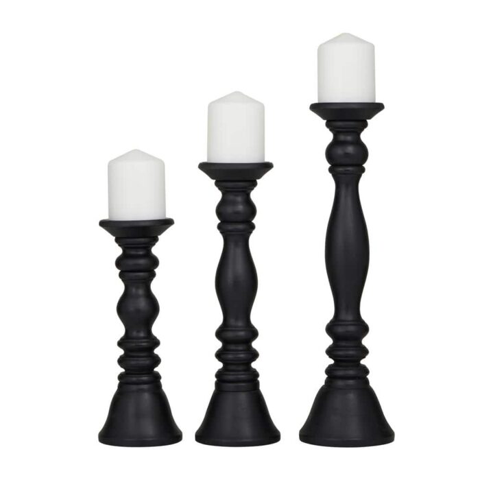 Litton Lane Black Wood Turned Style Pillar Candle Holder (Set of 3)