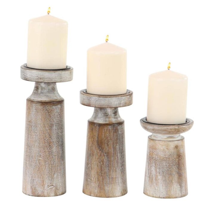 Litton Lane Gray Mango Wood Handmade Candle Holder with Turned Style (Set of 3), Brown