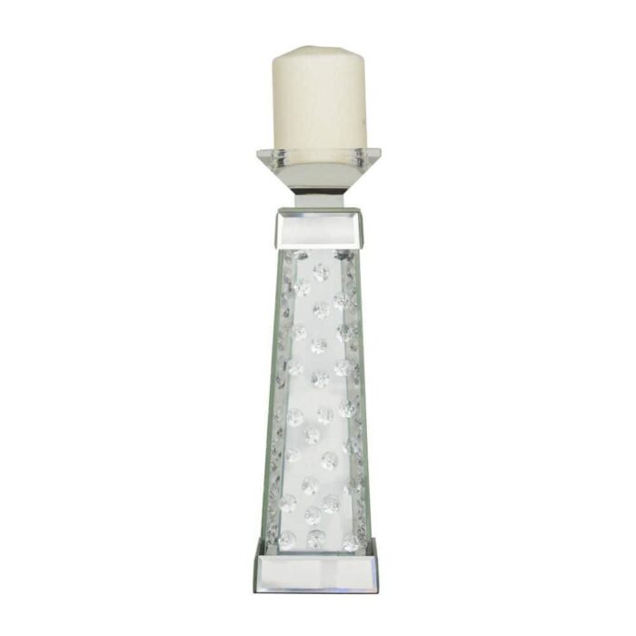 Litton Lane Silver Glass Pillar Candle Holder with Mirrored Accents and Crystals