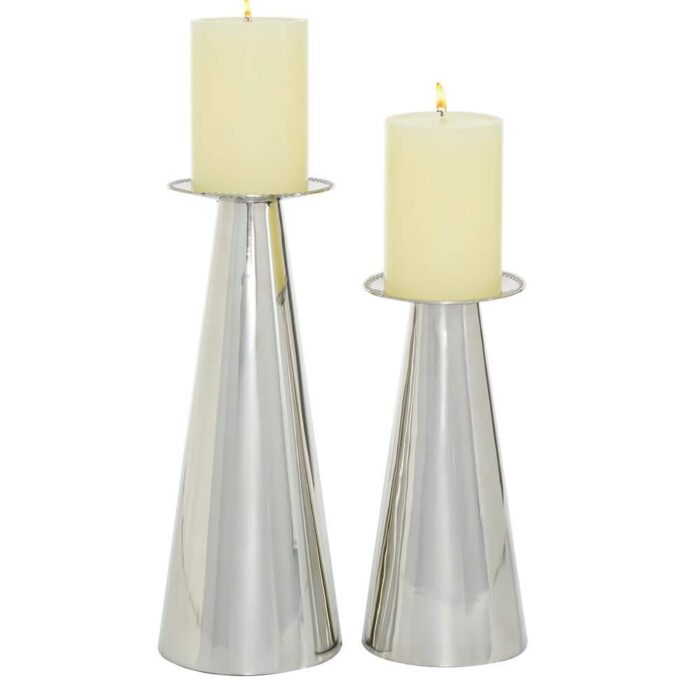 Litton Lane Silver Stainless Steel Glam Candle Holder (Set of 2)