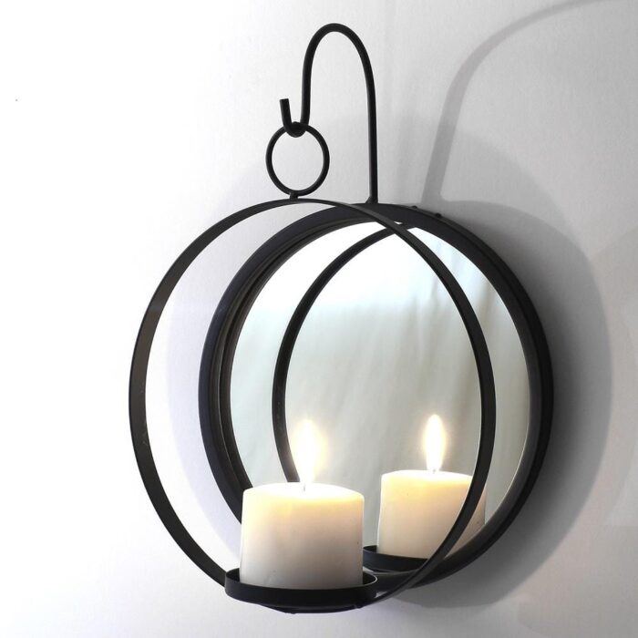 Mirrorize Canada Modern Black Metal Round Candle Sconce with Mirror (9 in. x 14 in.)