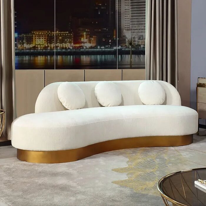 Modern White & Gold Velvet Curved Sofa