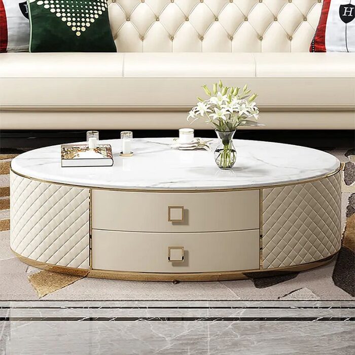 Modern White Oval Sintered Stone Top Coffee Table Microfiber Leather with 2 Drawers