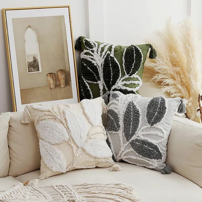 White Tassel Decorative Leaves Throw Pillow Cover