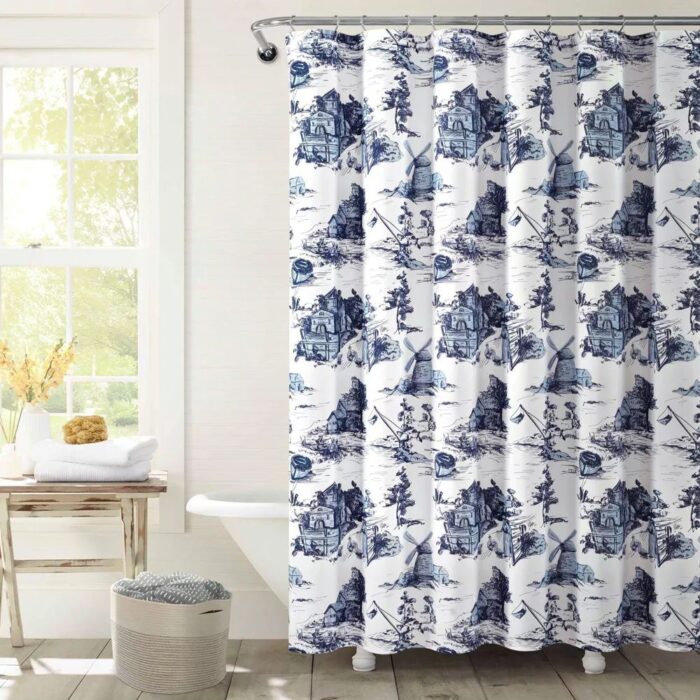 French Country Toile Single Shower Curtain - Blue
