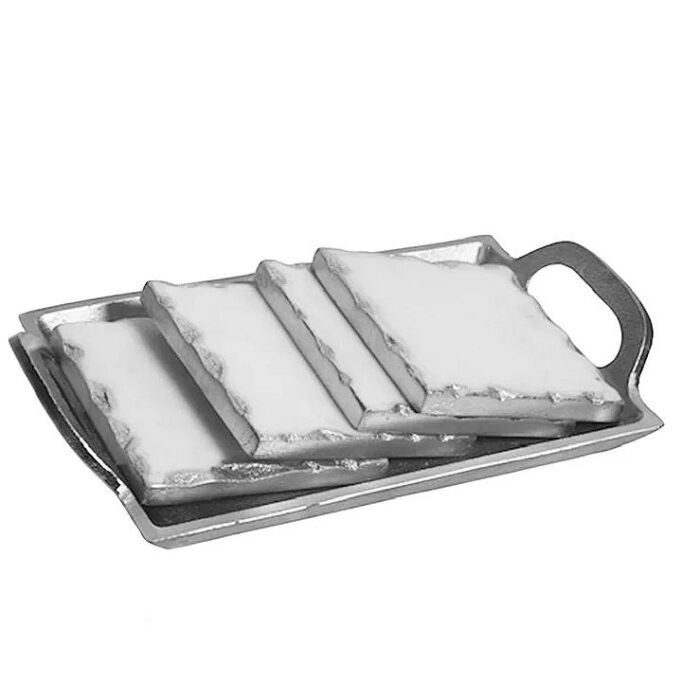 4 Marble Coasters with Tray - Silver