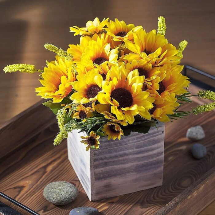 Silk Sunflowers in a Wooden Container