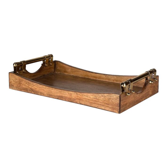 Walnut Wood Decorative Tray with Gold Metal Handles