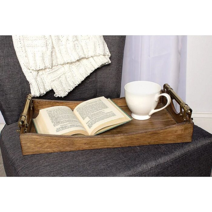 Walnut Wood Decorative Tray with Gold Metal Handles