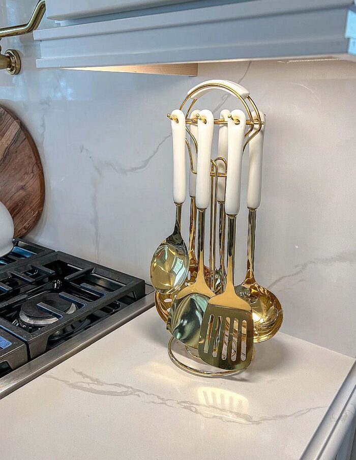 White and Gold Utensil Set with Holder